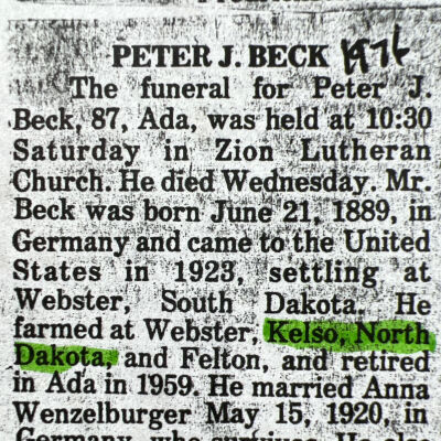 Beck family: Peter and Anna (Wenzelburger) Beck, farmers by Kelso, Traill County, North Dakota