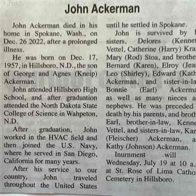 Hillsboro Banner, 14 July 2023: Obituary, John Ackerman, son of George and Agnes (Kneip) Ackerman