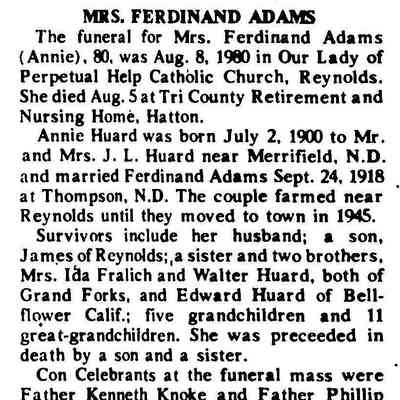 Hillsboro Banner, 28 August 1980: Obituary, Annie Marie (Huard) Adams