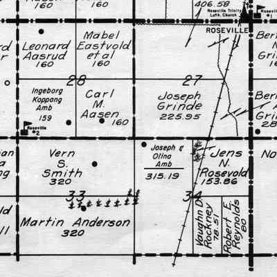 1952 Traill County Plat Book, portion of Roseville Township: 315 acres farmed by Joseph and Olina Amb in the west-half of Sect. 34