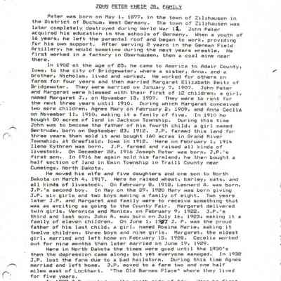 Kneip_Genealogy.pdf by Karen (Fleischer) Ackerman courtesy granddaughter Jackie (Ausk) Baumgartner: Information on John Peter (JP) Jr. & Margaret (Beitz) Kneip, page 6