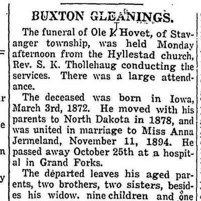 Hillsboro Banner, 2 November 1917: Funeral for Ole T. Hovet, eldest son of Thor O. and Isabel Hovet