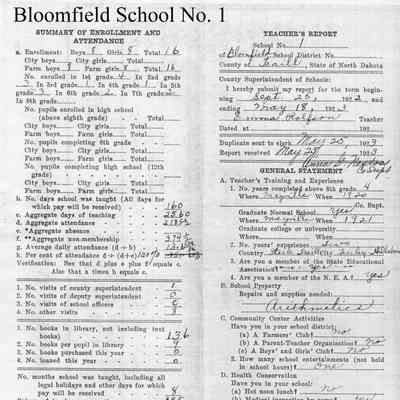 Bloomfield School No. 1, 1923 Teacher's Report: Emma Rolfson, Teacher