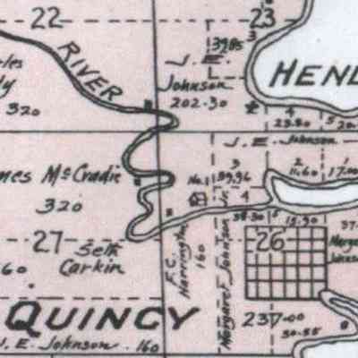 1900 map, Elm River Township, Traill County, ND: School No. 1 located in the NW Qtr. of Sect. 26 near Quincy, ND and Hendrum, MN