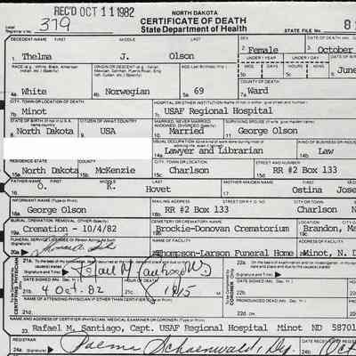 Thelma J. (Hovet) Olson: ND Certificate of Death on 1 October 1982