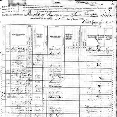 1880 US Census, Bingham Township, Traill County, DT, courtesy ancestry.com: Chas L. and Christina (Klomseth) Gordon and family