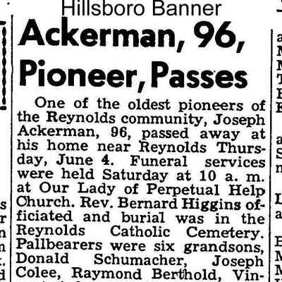 Hillsboro Banner Weekly newspaper: Obituary, Joseph Ackerman