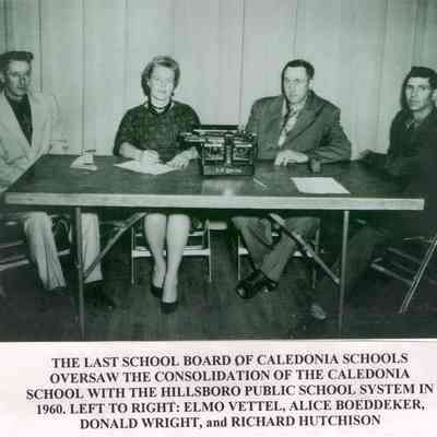 Caledonia's last School Board, 1960: Elmo Vettel, Alice Boeddeker, Donald Wright, and Richard Hutchison