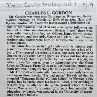 Family histories, Traill County History 'Yesteryears' Vol. I, page 64: Charles L. Gordon