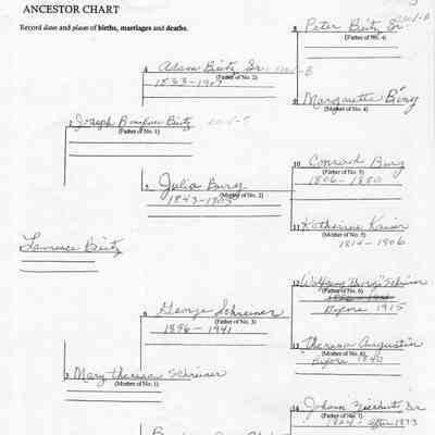 Ancestry Chart, courtesy a descendant of Lawrence Beitz, grandson of Adam and Julia (Burg) Beitz: Information for Lawrence Beitz, son of Joseph and Mary (Schreiner) Beitz