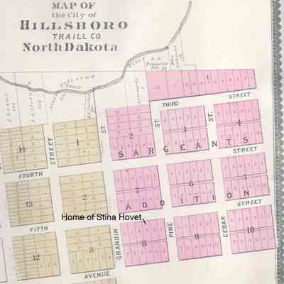 City of Hillsboro, Sargeants Addition from 1892 Traill County Atlas: Stina Hovet's home in Lot 3 in Block 8 on Fifth Street