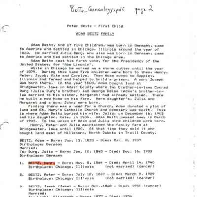 Beitz_Genealogy.pdf by Karen (Fleischer) Ackerman courtesy granddaughter Jackie (Ausk) Baumgartner: Information on Henry Beitz, son of Adam & Julia (Burg) Beitz, page 2
