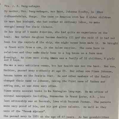 Sundby family: Johanna Sundby (Mrs. Johannes Bergumshagen), pioneer woman of Norway Township, Traill County, DT