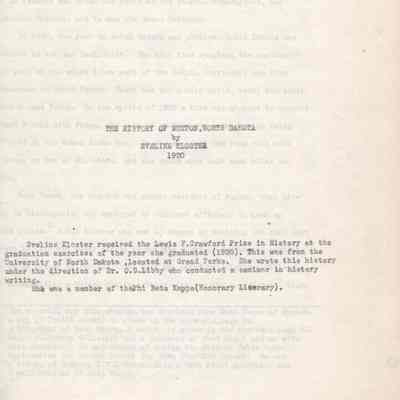 History of Buxton, North Dakota, by Eveline Kloster, 1920 UND Graduate: Document Title page