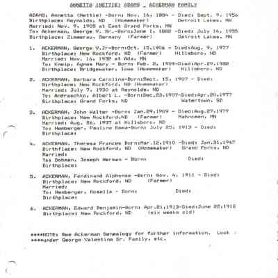 Adams_Genealogy.pdf file by Jackie (Ausk) Baumgartner: Page 4, information compiled and written by Karen (Fleischer) Ackerman