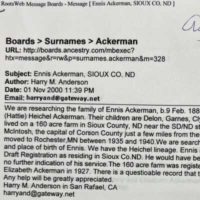 Ackerman family: Ennis Ackerman, correspondence by Harry M. Anderson, 2000