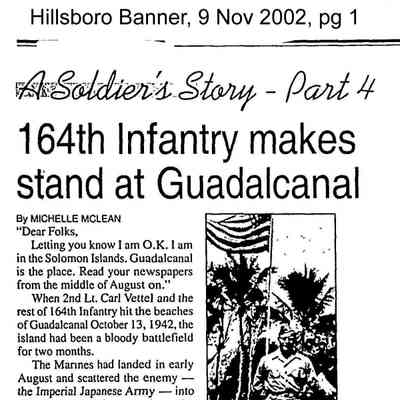 Page 1, Hillsboro Banner, 9 November 2002: Soldier Carl Vettel letters home article by Michelle McLean, part 4