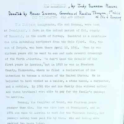 First page: Ole and Renaug Thompson family history