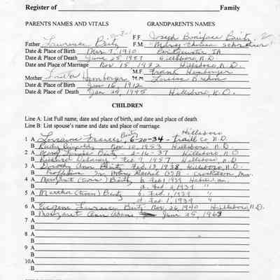 Family Register, courtesy a descendant of Lawrence Beitz, grandson of Adam and Julia (Burg) Beitz: Information for children of Lawrence & Loretta (Hemberger) Beitz