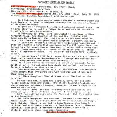 Page 9, Kneip_Genealogy.pdf by Karen Smith, compiled by Karen (Fleischer) Ackerman, and scanned by Karen's granddaughter Jackie (Ausk) Baumgartner: Information on Carl W. and Margaret (Kneip) Olson, written by Karen Smith