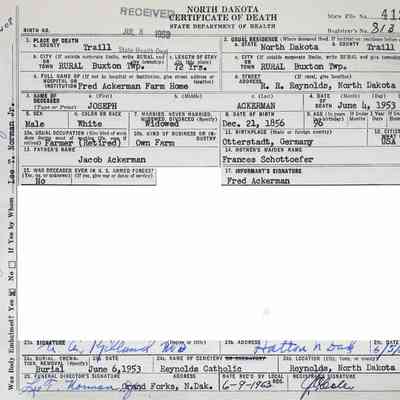 ND Death Certificate, Traill County, North Dakota: Record for Joseph Ackerman, Fred Ackerman informant