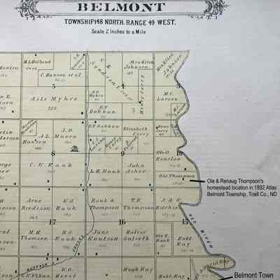 1892 Atlas: Ole & Renaug Thompson's homestead, Belmont Township, Traill Co.