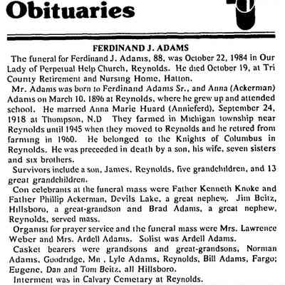 Hillsboro Banner, 31 October 1984: Obituary, Ferdinand John Adams Jr.