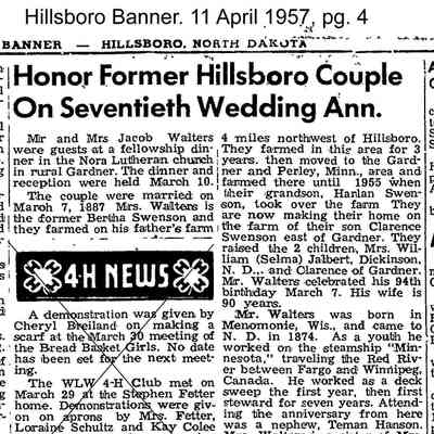 Page 4 news, Hillsboro Banner, 11 April 1957: Jacob and Bertha (Swenson) Walters 70th wedding anniversary