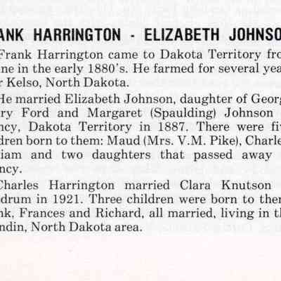 Hendrum Centennial, 1882-1982, book, page 196, Column 1: Brief life history of Frank Harrington. and Elizabeth Johnson