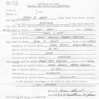 Inglewood, California, Affidavit of Birth,: Signed 5 December 1942 by Koren J. Hovet, document courtesy Tiny Hovet