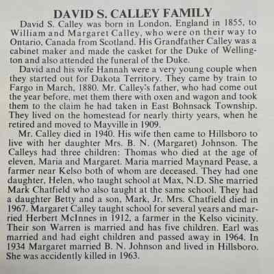 Calley family: David & Hannah Calley, 1880 Pioneers of Bohnsack Township, Traill County, DT