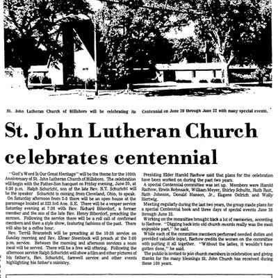Hillsboro Banner article on St. John Lutheran centennial, 16 June 1986