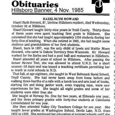 Hazel Howard, 1927-1966, Elementary School Teacher, Traill County: Obituary, courtesy 4 November 1985 Hillsboro Banner
