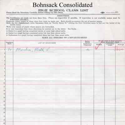 Bohnsack Consolidated High School, 1926 Class List: Students in Early History