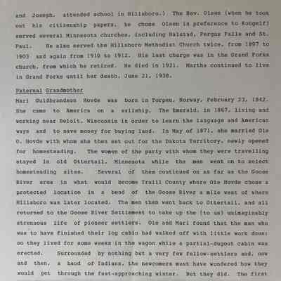 Family history, page 2: Gunda (Olsen) Hovde