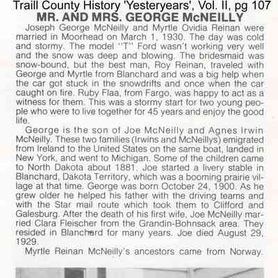 George and Myrtle (Reinan) McNeilly of Blanchard, Traill County, ND: Family History, page 107, Traill County History book, Vol. II.