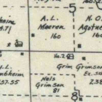 1900 map, portion of Garfield Township, Traill County, North Dakota: Garfield School No. 2 was located in the NW Qtr. of Sect. 8