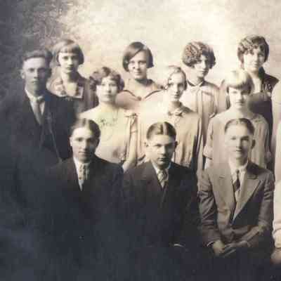 Portland High School, Portland, ND, photo courtesy granddaughter Jane (Zahnow) Cox: Joseph Amb (at far left) with HS graduation class, 4 June 1926; photo courtesy granddaughter Jane (Zahnow) Cox