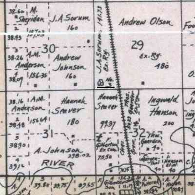 1900 map, portion of Eldorado Township, Traill County, North Dakota: School No. 3, located in the SW Qtr. of Sect. 29, along the Great Northern Railroad line.