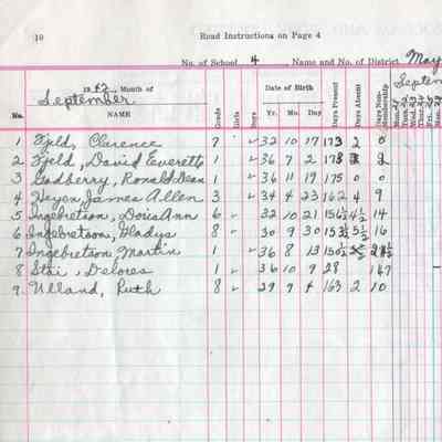 Mayville School No. 4, 1942-1943 Teacher's Register: Student attendances