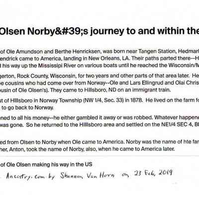 Ole Oleson Norby's journey to and within the USA: Ancestry.com Public Member Story by Shannon (Borke) Van Horn, Great Granddaughter, contributed 23 Feb. 2019