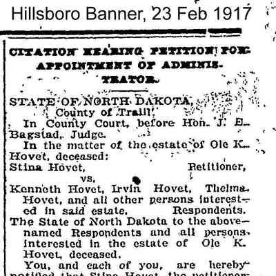 Hillsboro Banner news, 23 February 1917: Petition for appointment of estate administrator