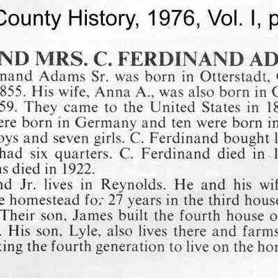 Traill County History, 1976, Vol. I: Family history for Ferdinand Adams Sr. and Anna Ackerman, page 23
