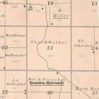 Location of Ernestina Fleischer and Henry Miller farms in Bohnsack Township: 1892 Atlas plat map, portion of Bohnsack Township, Traill County, ND