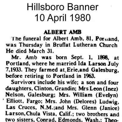 Hillsboro Banner, 10 April 1980: Albert Amb obituary