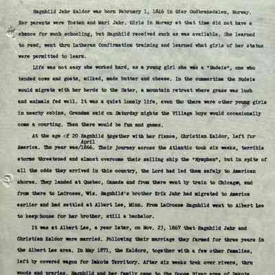 Jahr family: Ragnhild Jahr (Mrs. Christian Kaldor), 1871 pioneer woman, Norway Township, Traill County, DT