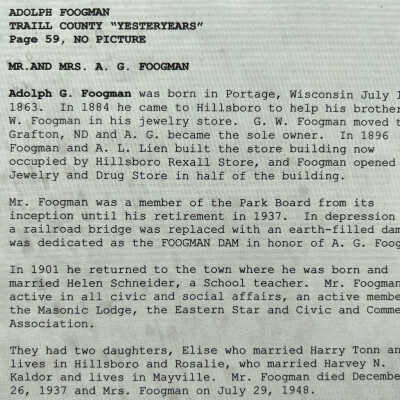 Foogman family: Adolph and Helen (Schneider) Foogman, Jewelry store owners in Hillsboro, Traill County, ND
