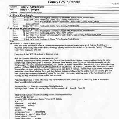 Family Group Record, 25 June 2010, courtesy Linda Hardesty: Peder J. Kamphaug and Margit P. Borgen family, page 2 of 13