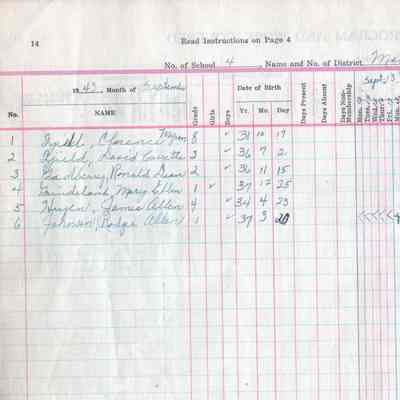 Mayville School No. 4, 1943-1944 Teacher's Register: Student attendances