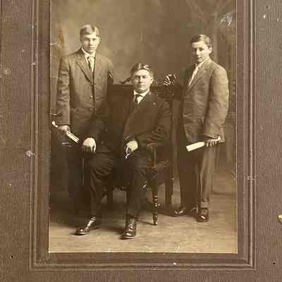 Immanuel Lutheran Pastor W. C. Hitzemann with Richard Kaufman & Henry Grohnke, confirmation class, 1914